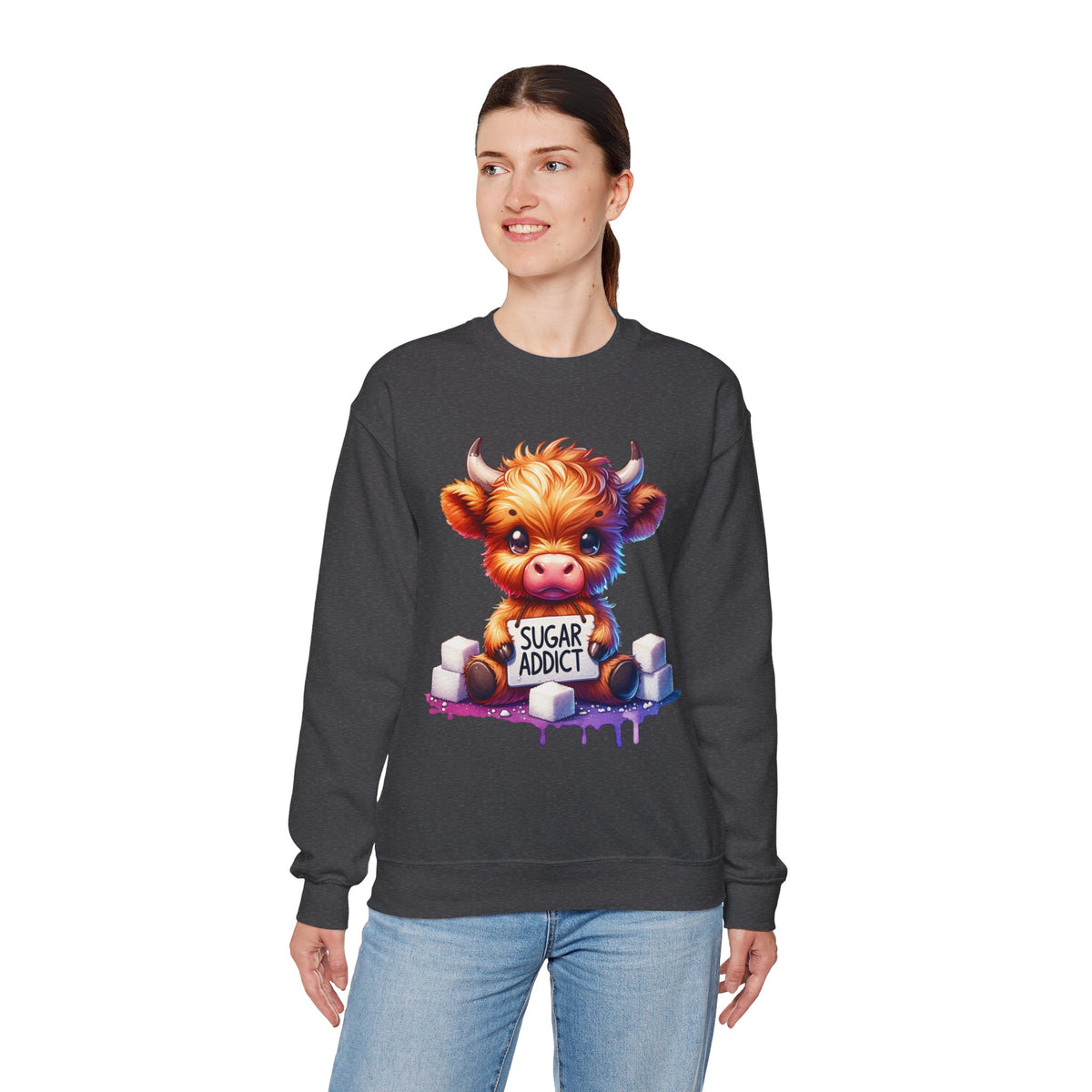 Sugar Addict Highland Cow – Gildan Heavy Blend | Trendy Women’s Soft Sweatshirt. Direct to Garment. Printed & Shipped in the USA. Unisex Sizes.