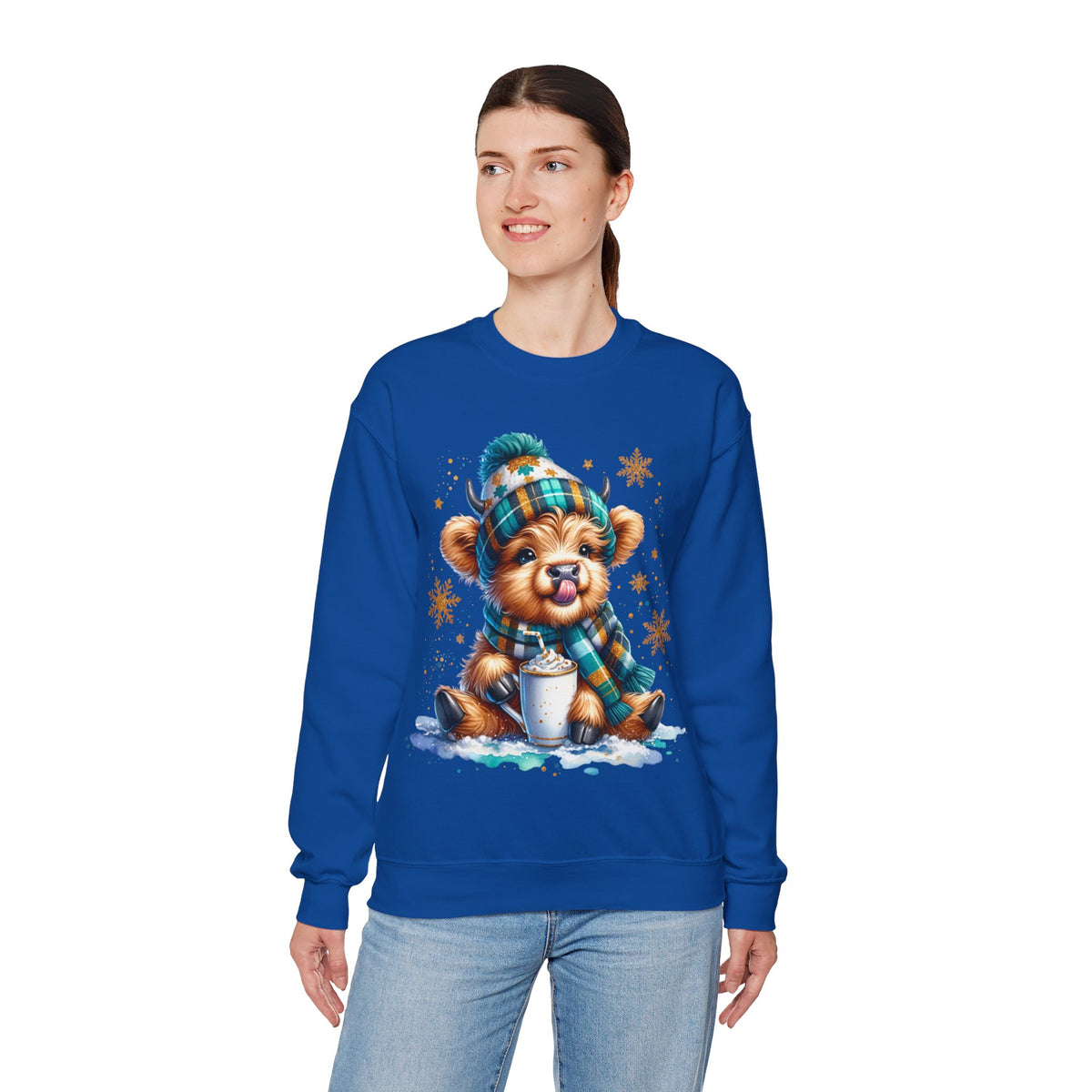 Winter Baby Highland Cow with Cocoa – Gildan Heavy Blend | Trendy Women’s Soft Sweatshirt. Direct to Garment. Printed & Shipped in the USA. Unisex Sizes.