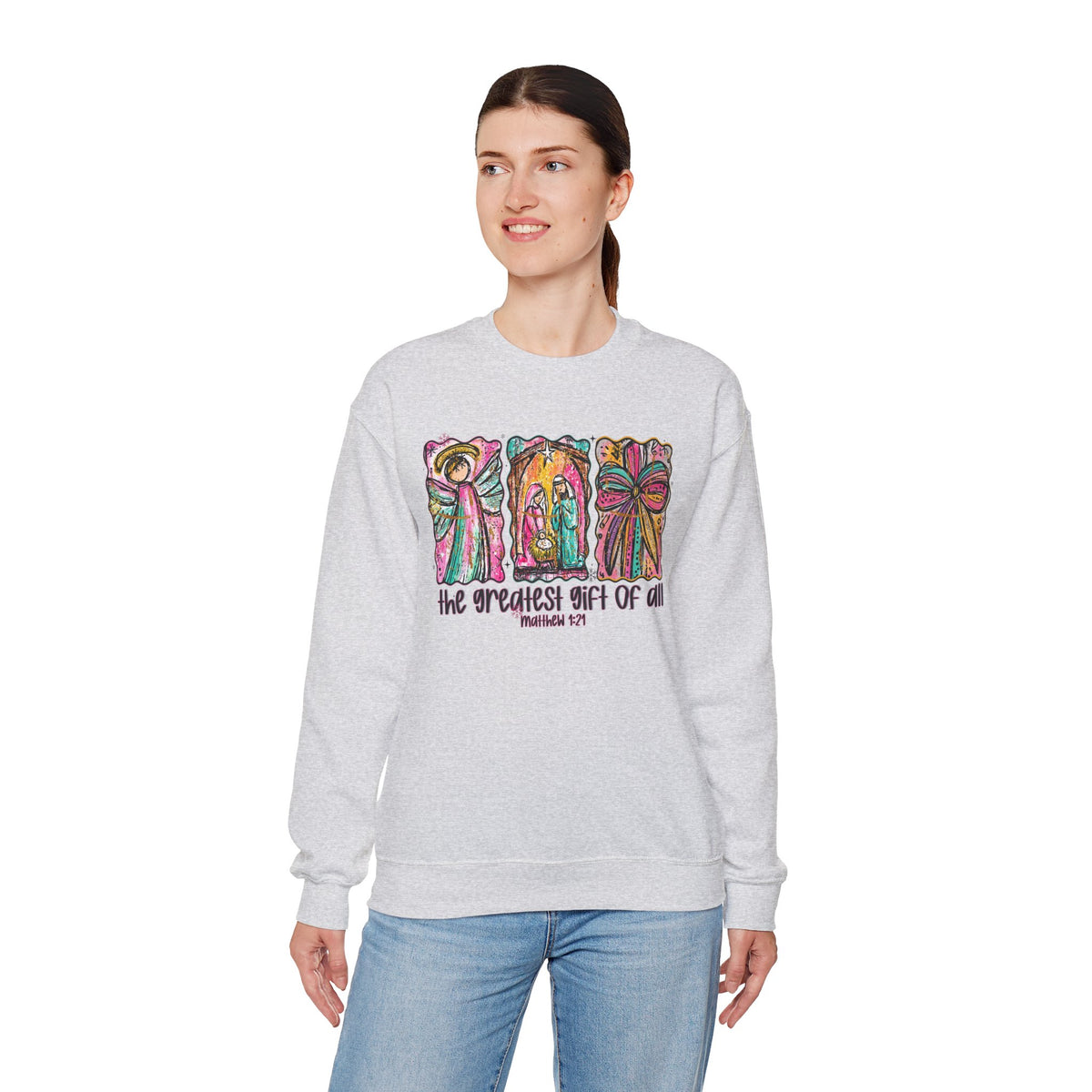 The Greatest Gift of All, Christian Tee - Preppy Watercolor – Gildan Heavy Blend | Trendy Women’s Soft Sweatshirt. Direct to Garment. Printed & Shipped in the USA. Unisex Sizes.