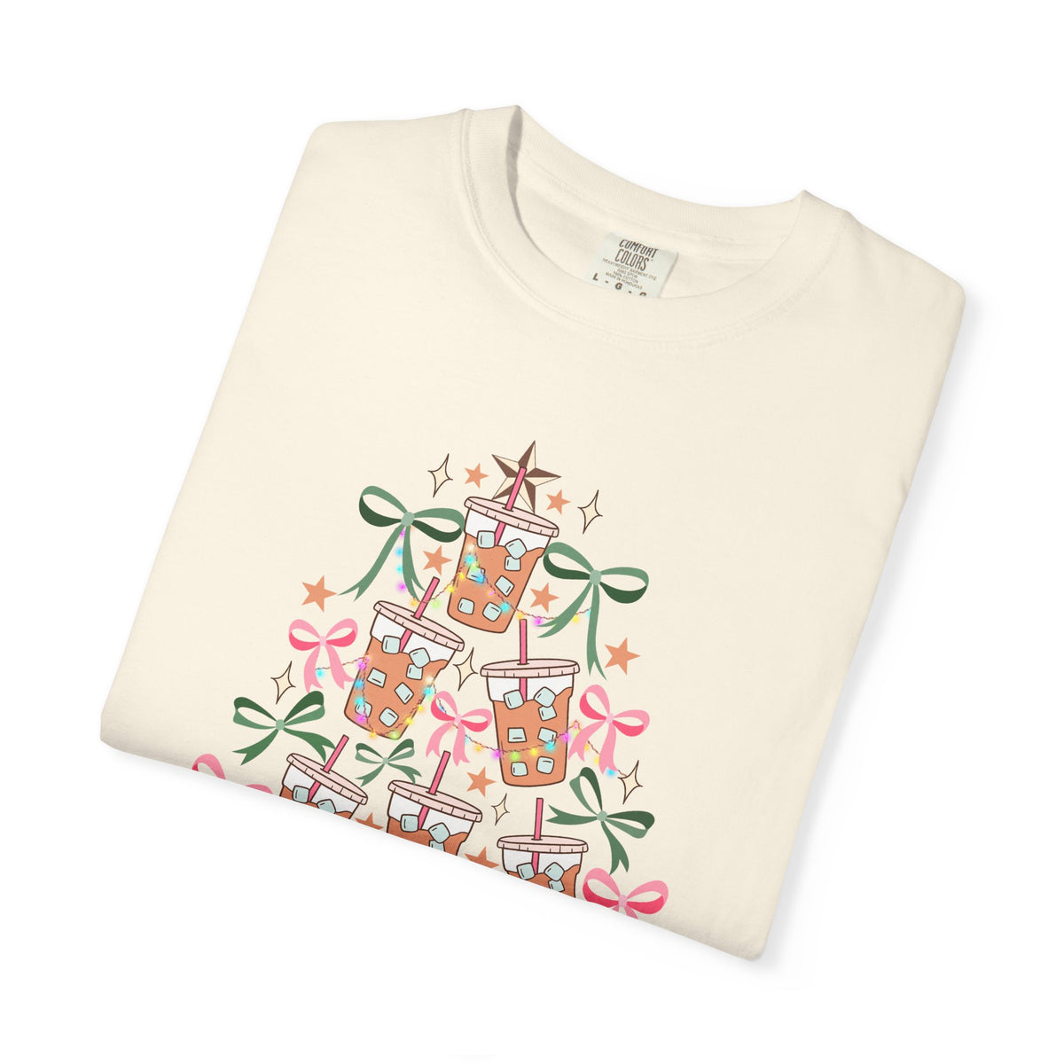 Merry and Caffeinated Iced Coffee Christmas Tree - Comfort Colors | Trendy Women's T-Shirt. Direct to Garment. Printed & Shipped in the USA. Unisex Sizes.