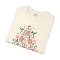 Merry and Caffeinated Iced Coffee Christmas Tree - Comfort Colors | Trendy Women's T-Shirt. Direct to Garment. Printed & Shipped in the USA. Unisex Sizes.