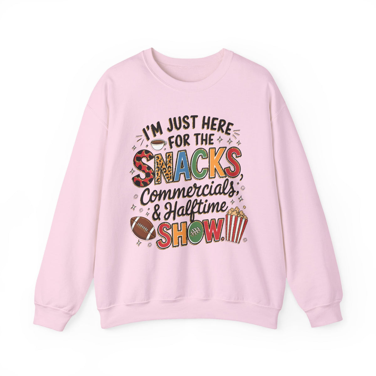 I’m Just Here for the Snacks, Commercials & Halftime Show – Gildan Heavy Blend | Trendy Women’s Soft Sweatshirt. Direct to Garment. Printed & Shipped in the USA. Unisex Sizes.