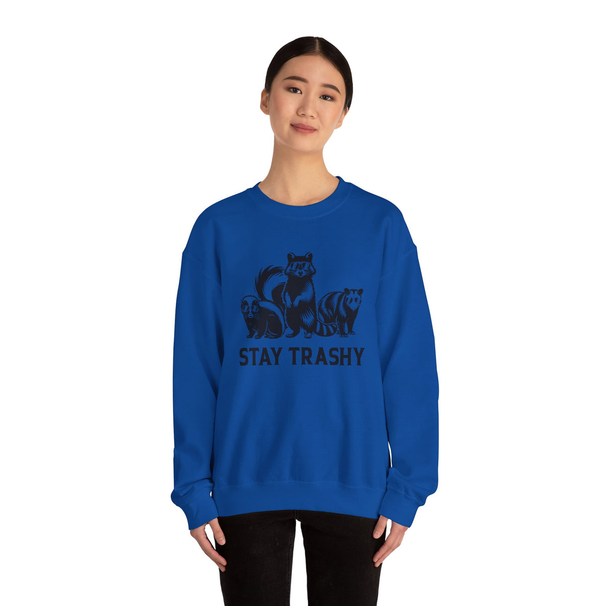 Stay Trashy, Skunk Raccoon Possum – Gildan Heavy Blend | Trendy Women’s and Men's Soft Sweatshirt. Direct to Garment. Printed & Shipped in the USA. Unisex Sizes.