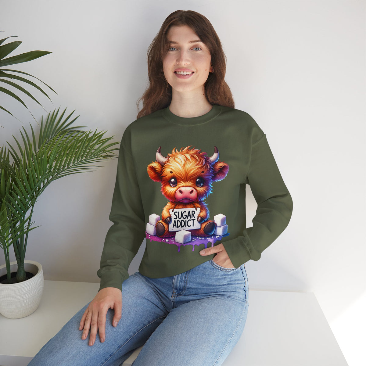 Sugar Addict Highland Cow – Gildan Heavy Blend | Trendy Women’s Soft Sweatshirt. Direct to Garment. Printed & Shipped in the USA. Unisex Sizes.