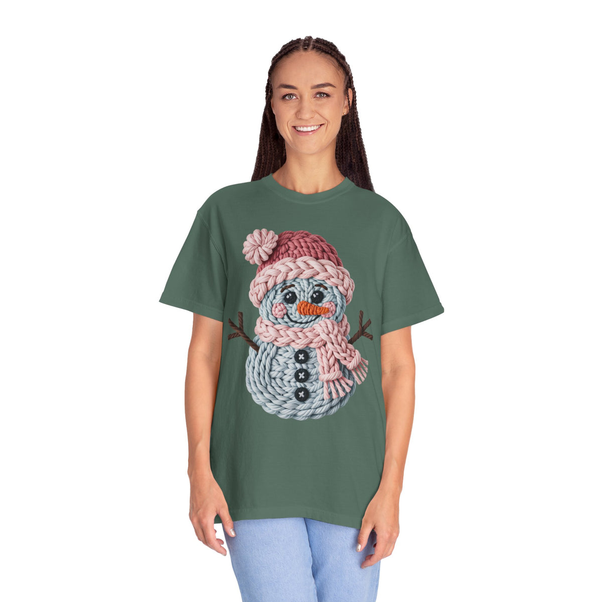 Cute Yarn Snowman - Pink Scarf - Comfort Colors | Trendy Women's T-Shirt. Direct to Garment. Printed & Shipped in the USA. Unisex Sizes.