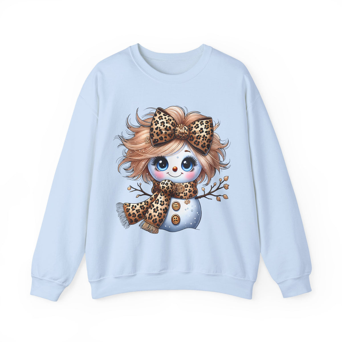 Snowgirl Cute Leopard Bow Snowman, Winter Cozy – Gildan Heavy Blend | Trendy Women’s Soft Sweatshirt. Direct to Garment. Printed & Shipped in the USA. Unisex Sizes.