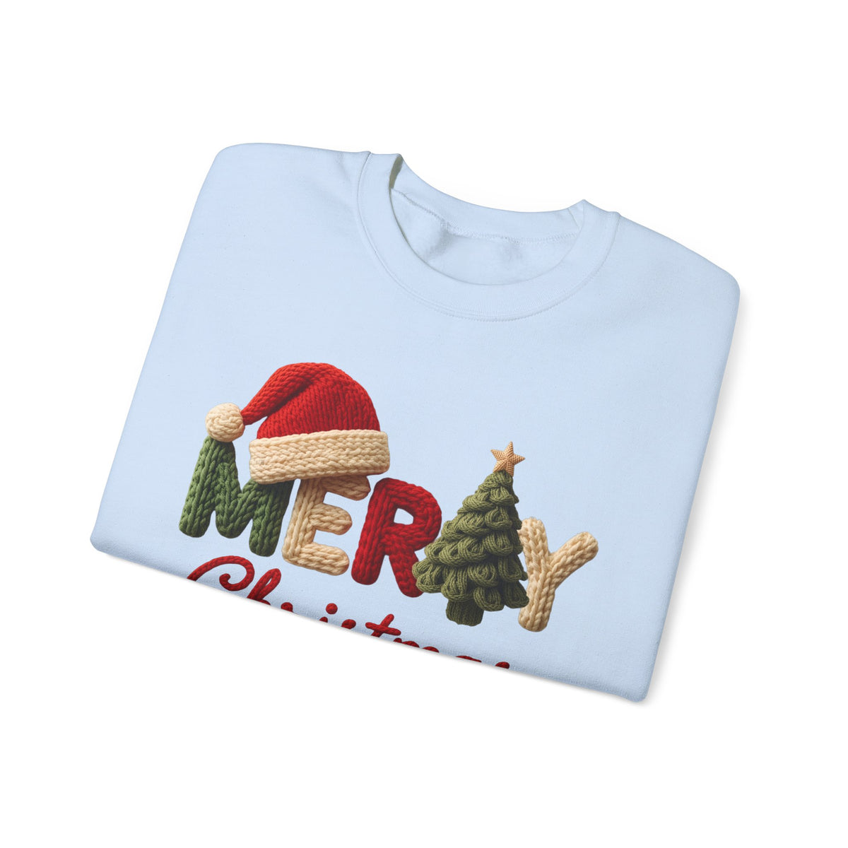 Merry Christmas Faux Yarn w/Santa Hat & Tree – Gildan Heavy Blend | Trendy Women’s Soft Sweatshirt. Direct to Garment. Printed & Shipped in the USA. Unisex Sizes.