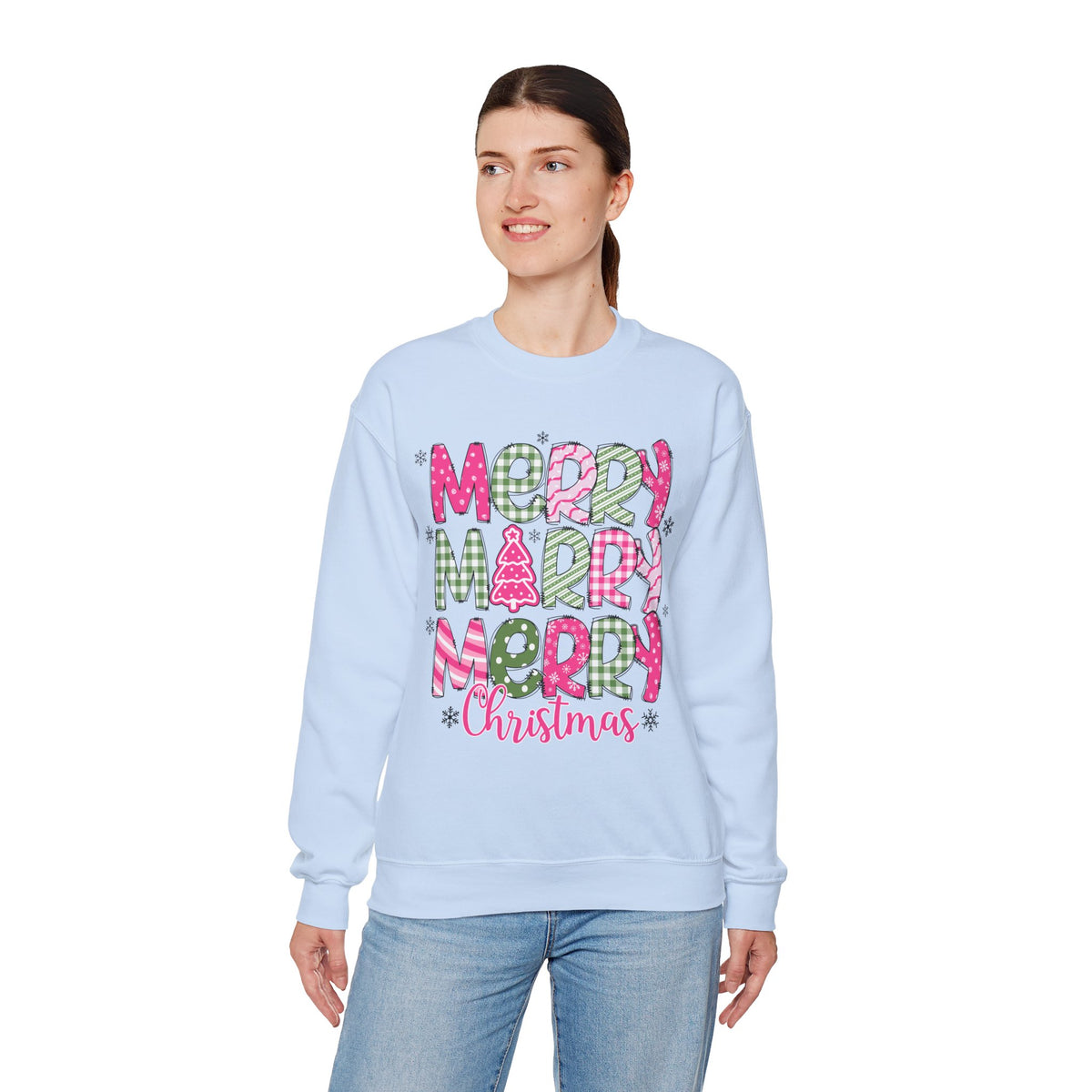 Merry Merry Merry Christmas Festive Candy Cane - Pink and Green – Gildan Heavy Blend | Trendy Women’s Soft Sweatshirt. Direct to Garment. Printed & Shipped in the USA. Unisex Sizes.