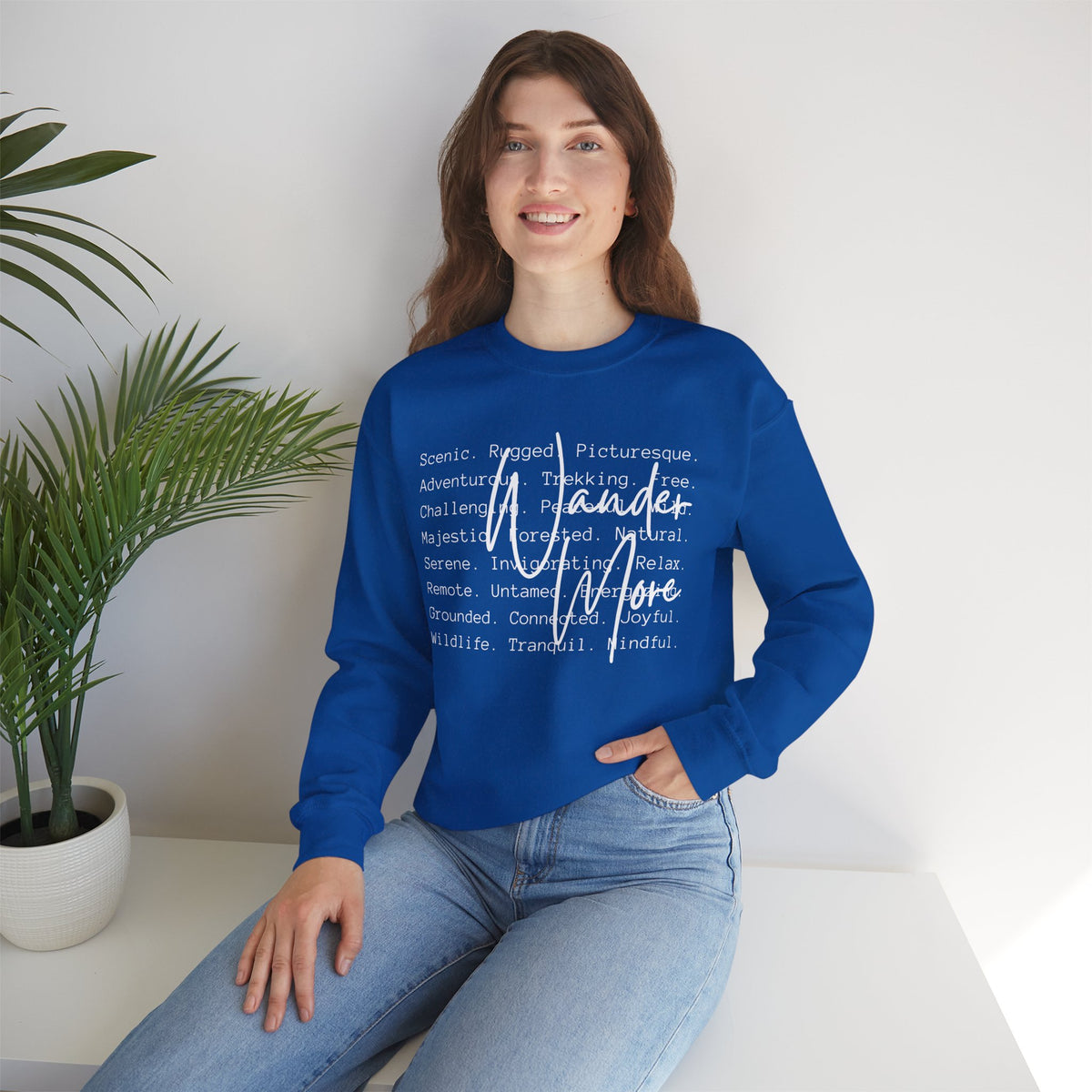Wander More, Scenic Adventure Typography – Gildan Heavy Blend | Trendy Men's and Women’s Soft Sweatshirt. Direct to Garment. Printed & Shipped in the USA. Unisex Sizes.