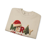 Merry Christmas Faux Yarn w/Santa Hat & Tree – Gildan Heavy Blend | Trendy Women’s Soft Sweatshirt. Direct to Garment. Printed & Shipped in the USA. Unisex Sizes.