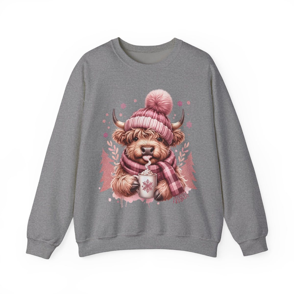 Cozy Highland Cow, Winter Coffee Mug & Scarf Pink – Gildan Heavy Blend | Trendy Women’s Soft Sweatshirt. Direct to Garment. Printed & Shipped in the USA. Unisex Sizes.