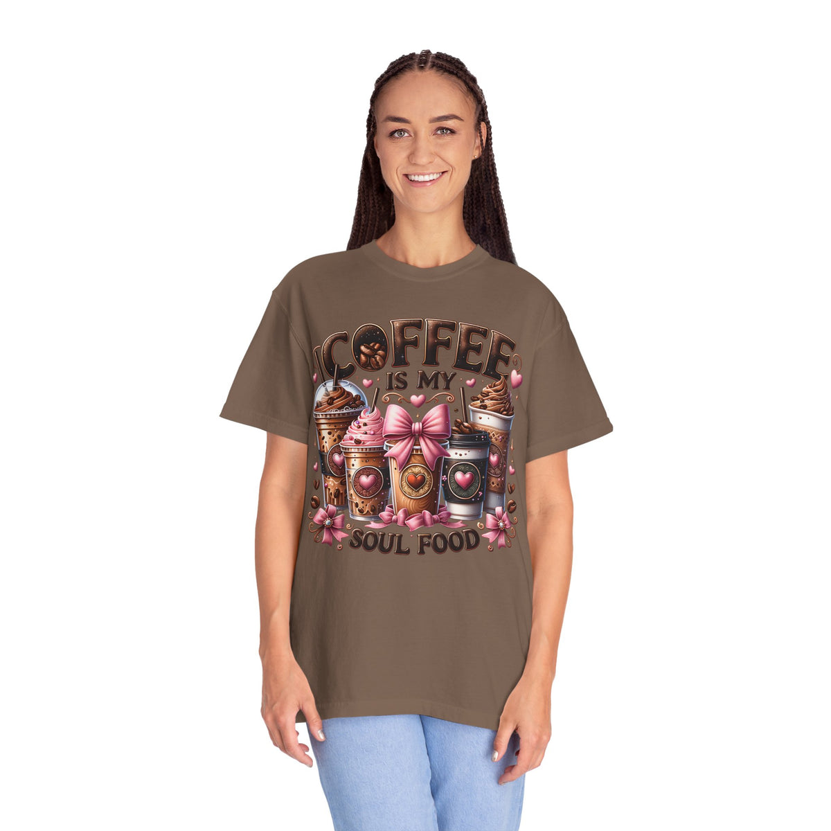 Coffee Is My Soul Food, Iced Coffee, Pink Bow - Comfort Colors | Trendy Women's T-Shirt. Direct to Garment. Printed & Shipped in the USA. Unisex Sizes.