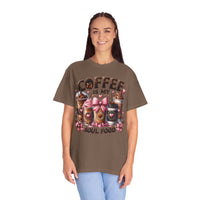 Coffee Is My Soul Food, Iced Coffee, Pink Bow - Comfort Colors | Trendy Women's T-Shirt. Direct to Garment. Printed & Shipped in the USA. Unisex Sizes.
