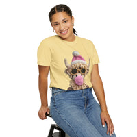 Faux Crochet Highland Cow Bubblegum - Comfort Colors | Trendy Women's T-Shirt. Direct to Garment. Printed & Shipped in the USA. Unisex Sizes.