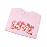 Faux Crochet Checkered LOVE – Gildan Heavy Blend | Trendy Women’s Soft Sweatshirt. Direct to Garment. Printed & Shipped in the USA. Unisex Sizes.