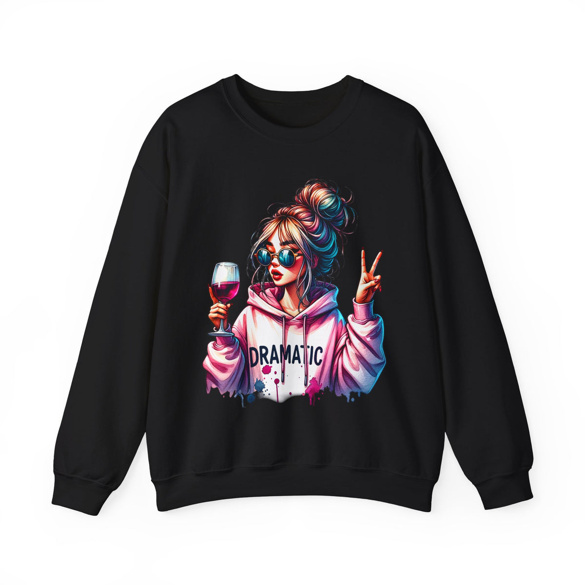 Dramatic Girl With Wine Messy Bun Peace Sign – Gildan Heavy Blend | Trendy Women’s Soft Sweatshirt. Direct to Garment. Printed & Shipped in the USA. Unisex Sizes.
