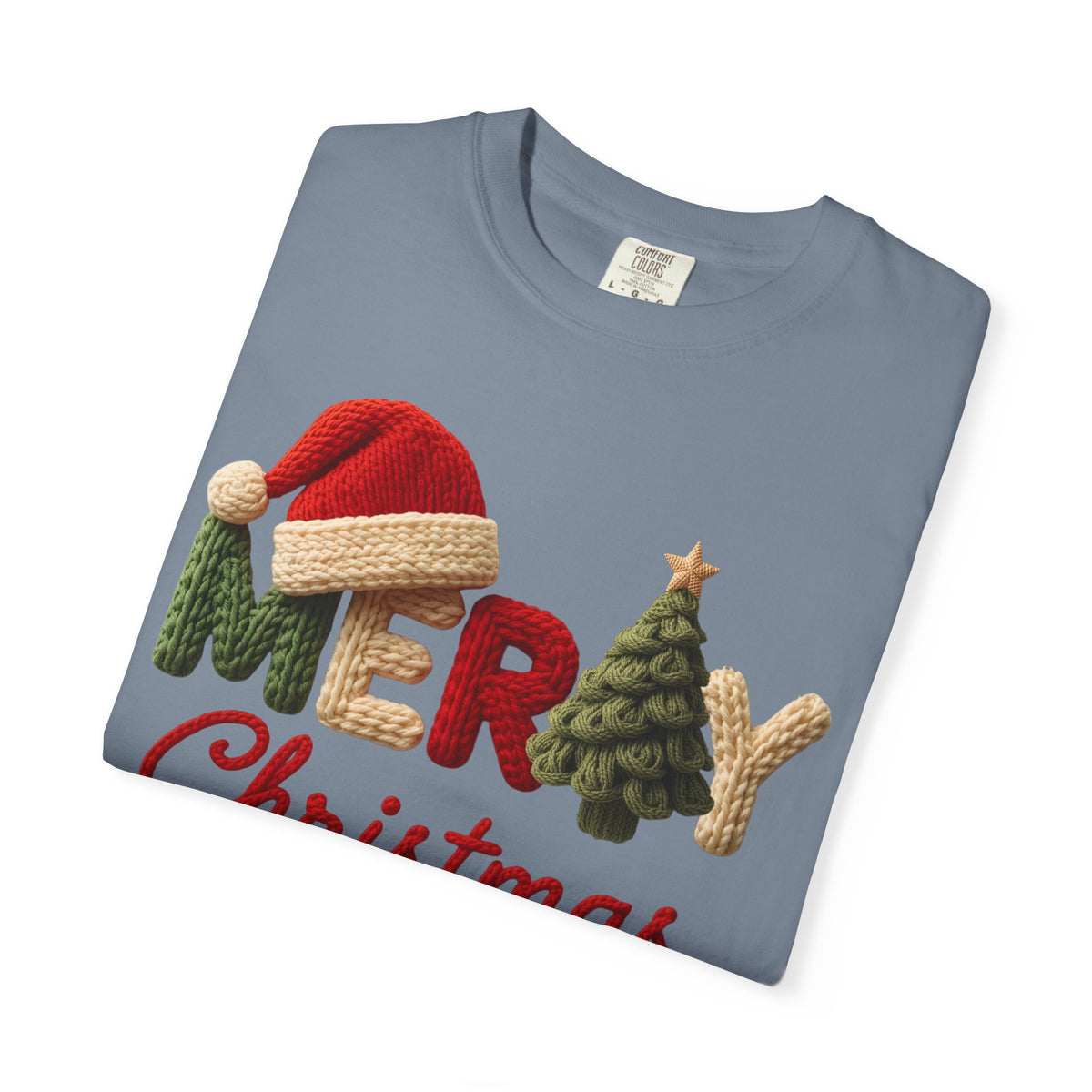 Merry Christmas Faux Yarn w/Santa Hat & Tree - Comfort Colors | Trendy Women's T-Shirt. Direct to Garment. Printed & Shipped in the USA. Unisex Sizes.