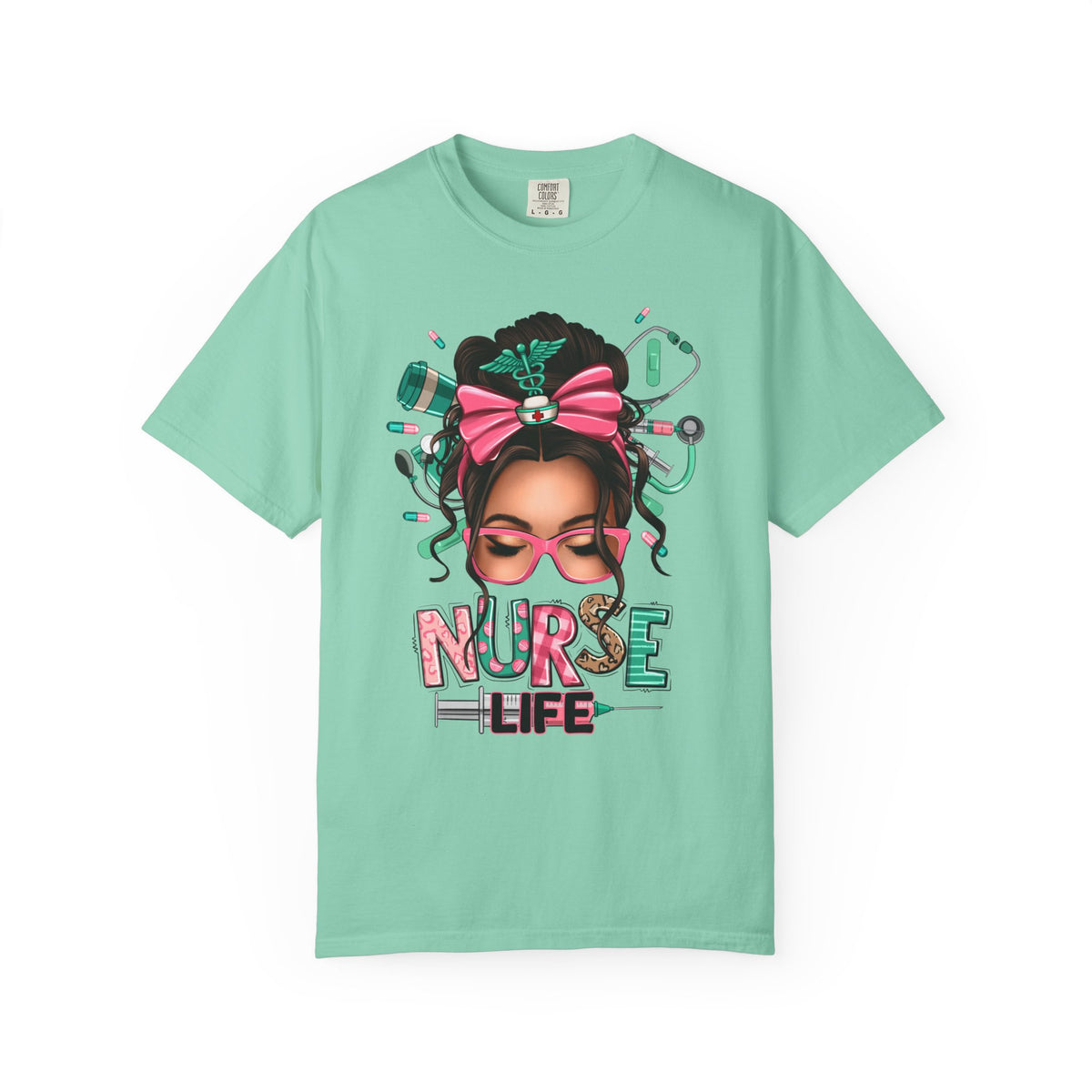 Nurse Life Messy Bun, Cute Stethoscope & Syringe - Comfort Colors | Trendy Women's T-Shirt. Direct to Garment. Printed & Shipped in the USA. Unisex Sizes.