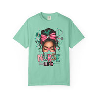 Nurse Life Messy Bun, Cute Stethoscope & Syringe - Comfort Colors | Trendy Women's T-Shirt. Direct to Garment. Printed & Shipped in the USA. Unisex Sizes.