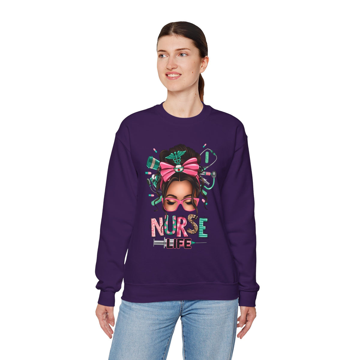 Nurse Life Messy Bun, Cute Stethescope & Syringe – Gildan Heavy Blend | Trendy Women’s Soft Sweatshirt. Direct to Garment. Printed & Shipped in the USA. Unisex Sizes.