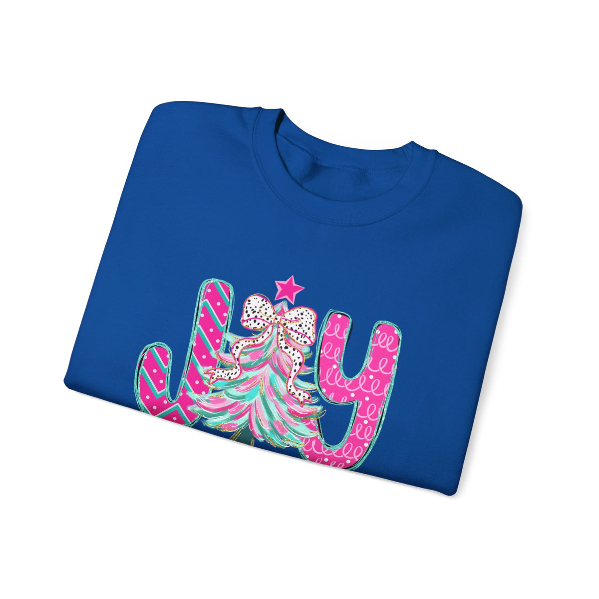 Joy to the World w/Christmas Tree Pink and Teal – Gildan Heavy Blend | Trendy Women’s Soft Sweatshirt. Direct to Garment. Printed & Shipped in the USA. Unisex Sizes.