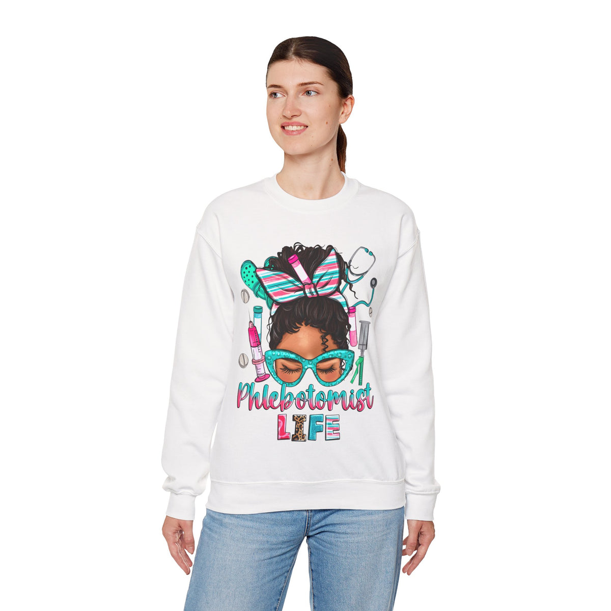 Phlebotomist Life, Messy Bun – Gildan Heavy Blend | Trendy Women’s Soft Sweatshirt. Direct to Garment. Printed & Shipped in the USA. Unisex Sizes.