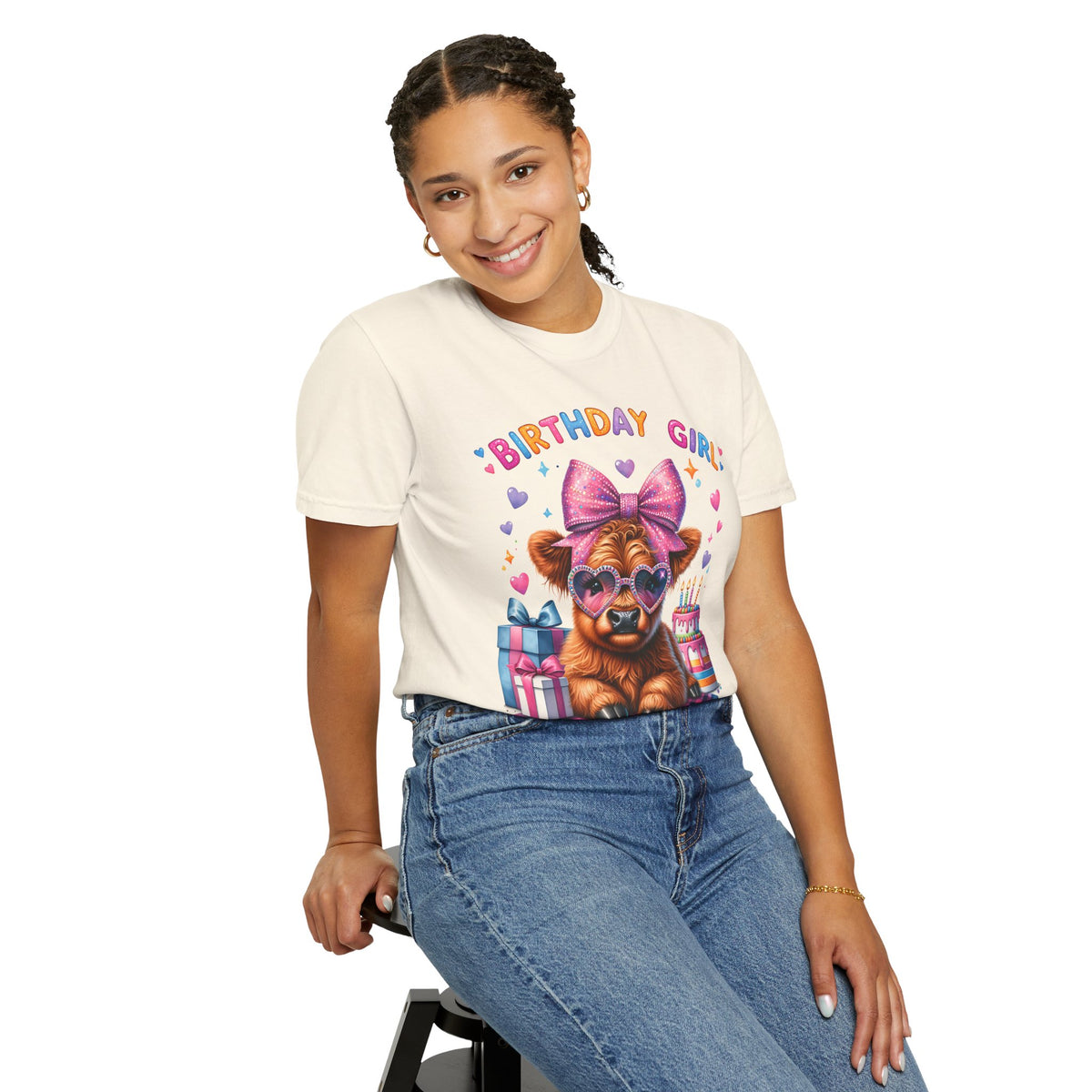 Birthday Girl, Highland Cow - Comfort Colors | Trendy Women's T-Shirt. Direct to Garment. Printed & Shipped in the USA. Unisex Sizes.