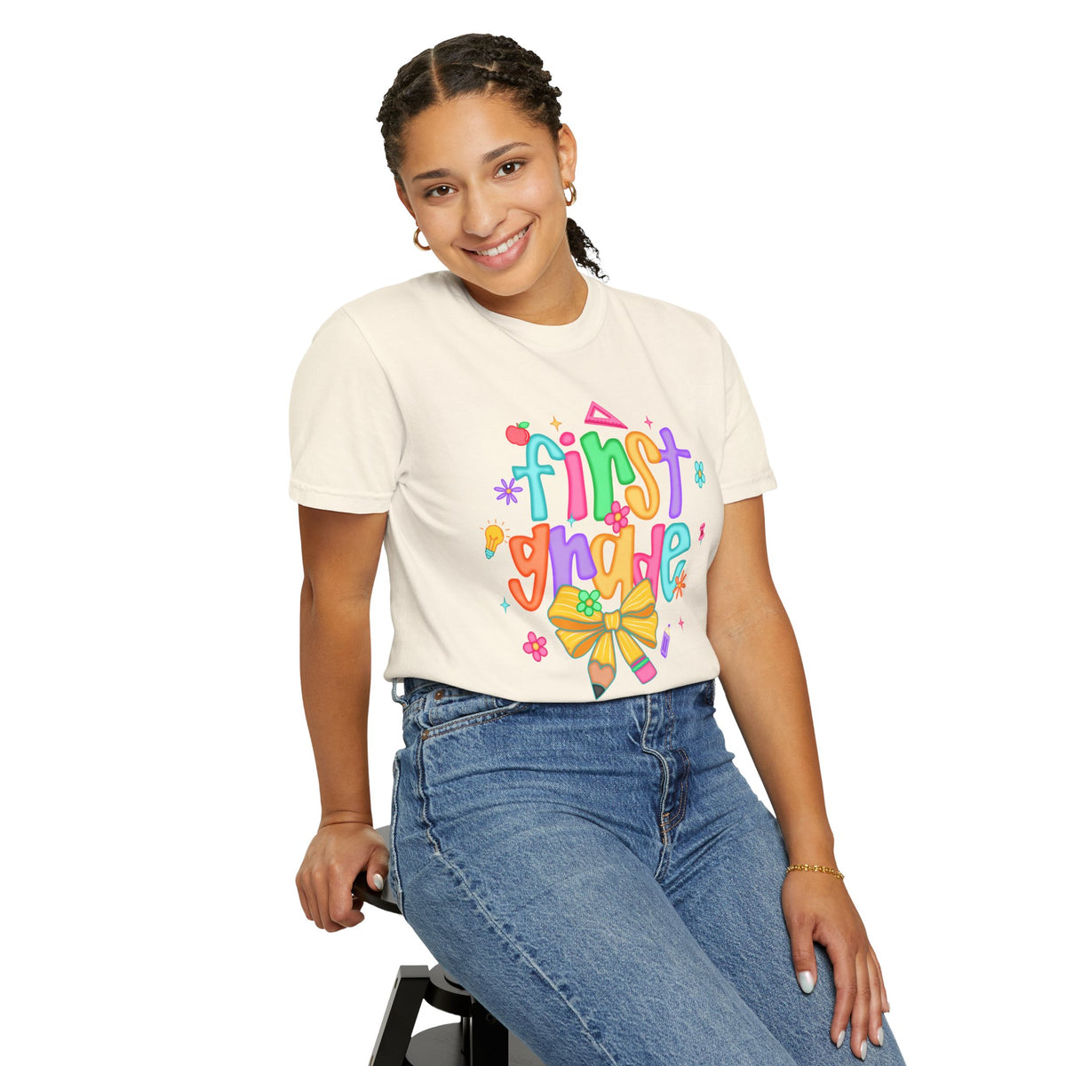 Coquette First Grade Pencil Bow - Comfort Colors | Trendy Women's T-Shirt. Direct to Garment. Printed & Shipped in the USA. Unisex Sizes.