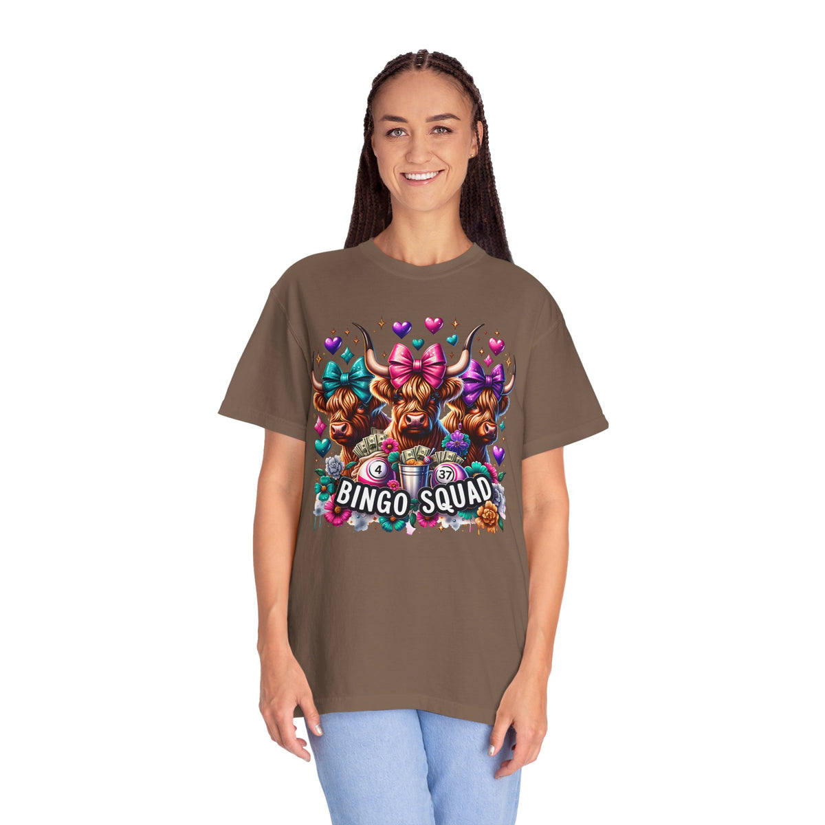 Cute Highland Cows Bingo Squad - Comfort Colors | Trendy Women's T-Shirt. Direct to Garment. Printed & Shipped in the USA. Unisex Sizes.