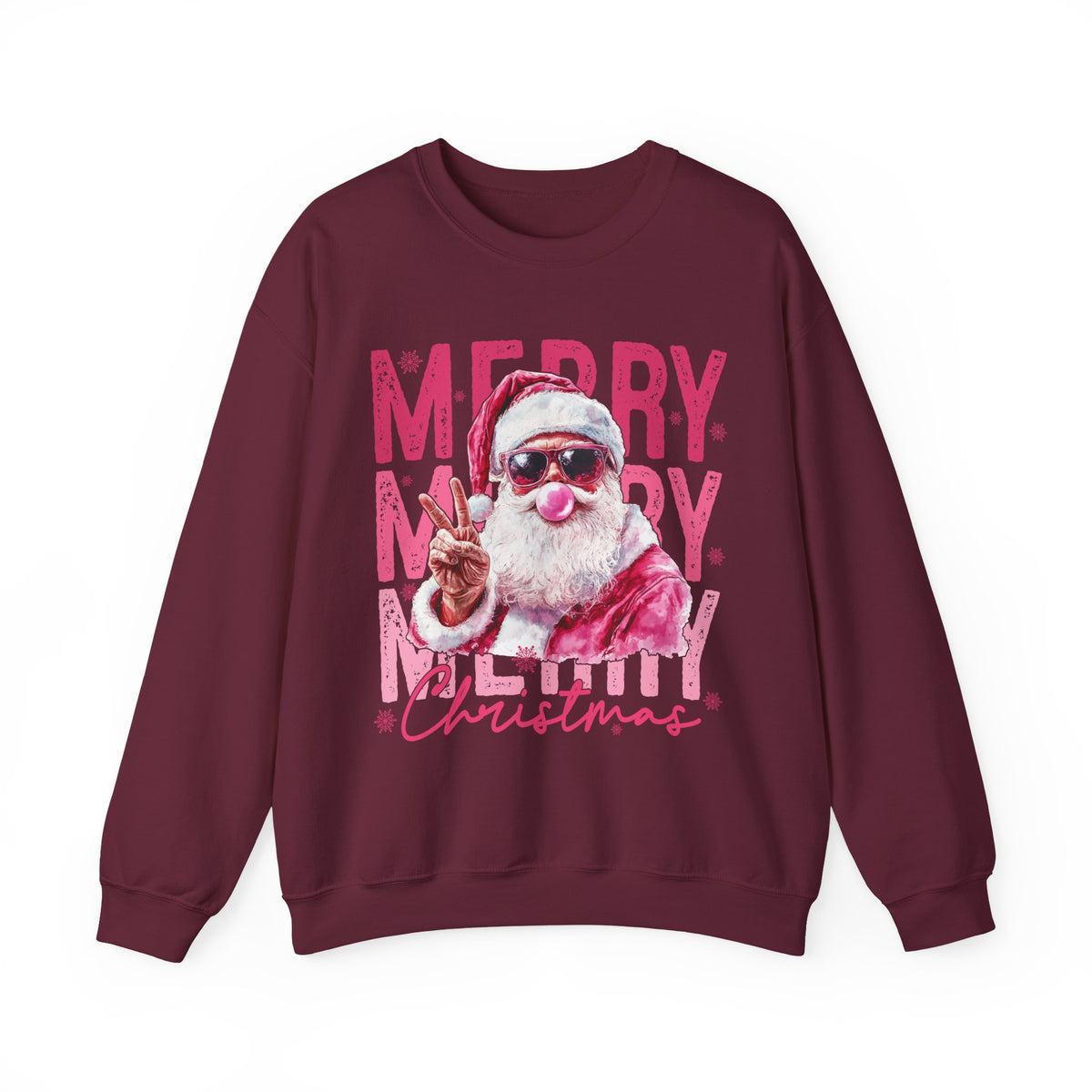 Pink Merry Christmas Bubblegum Santa – Gildan Heavy Blend | Trendy Women’s Soft Sweatshirt. Direct to Garment. Printed & Shipped in the USA. Unisex Sizes.