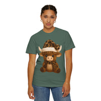 Cute Highland Cow with Leopard Santa Hat Christmas - Comfort Colors | Trendy Women's T-Shirt. Direct to Garment. Printed & Shipped in the USA. Unisex Sizes.