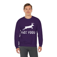 Fast Food Deer Hunting Humor Distressed – Gildan Heavy Blend | Trendy Men's and Women’s Soft Sweatshirt. Direct to Garment. Printed & Shipped in the USA. Unisex Sizes.