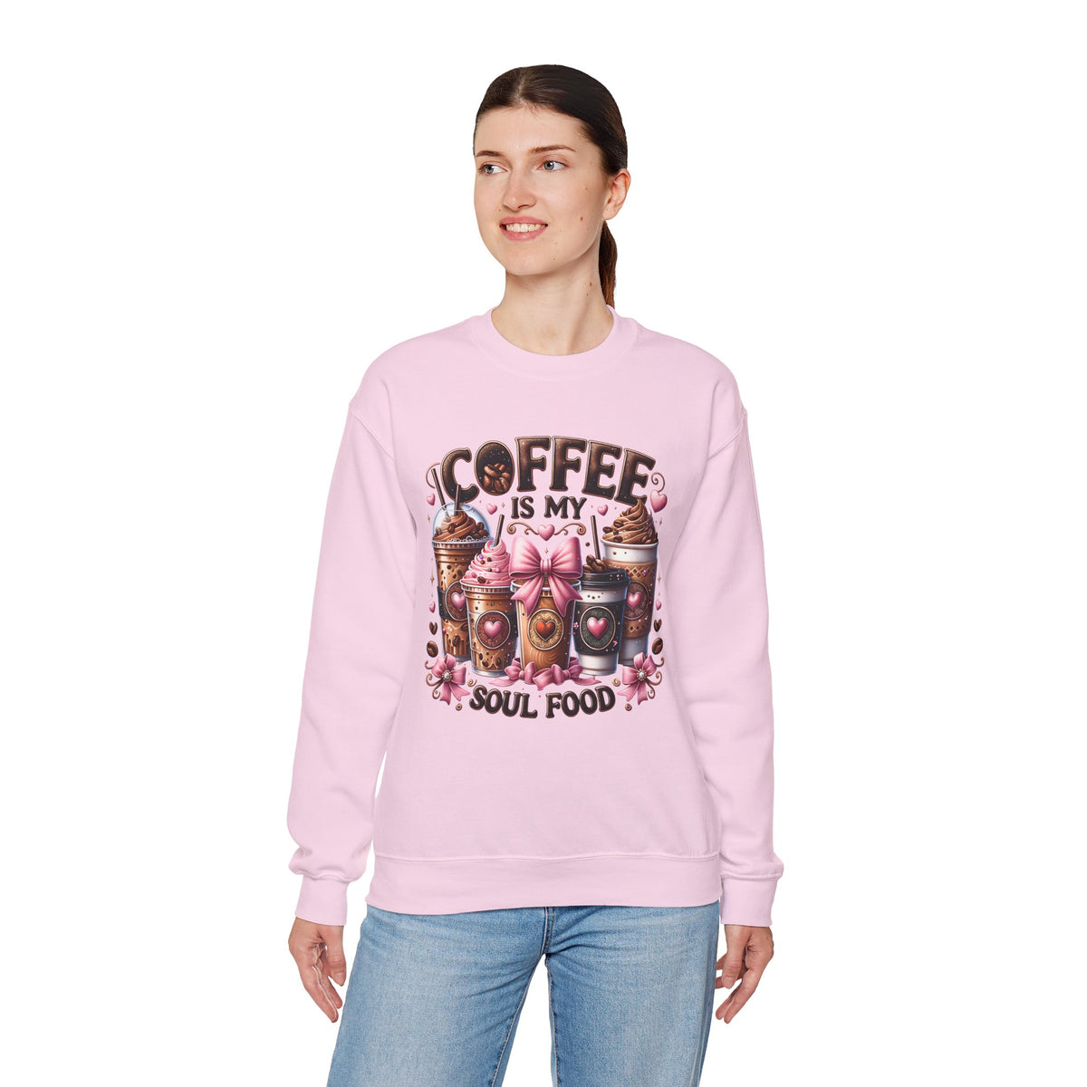 Coffee Is My Soul Food, Iced Coffee, Pink Bow – Gildan Heavy Blend | Trendy Women’s Soft Sweatshirt. Direct to Garment. Printed & Shipped in the USA. Unisex Sizes.