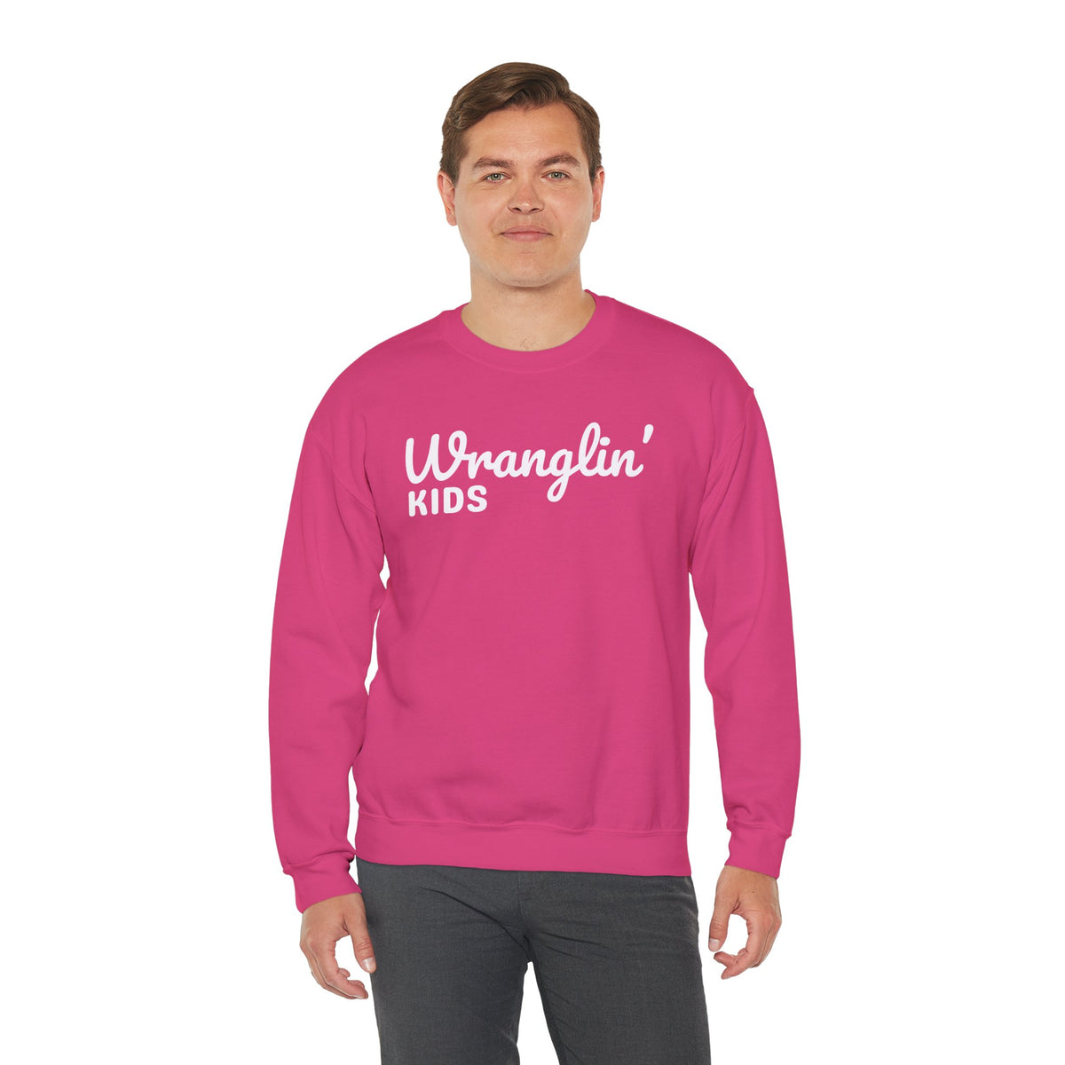 Wranglin' Kids Funny Mom Dad – Gildan Heavy Blend | Trendy Women’s and Men's Soft Sweatshirt. Direct to Garment. Printed & Shipped in the USA. Unisex Sizes.