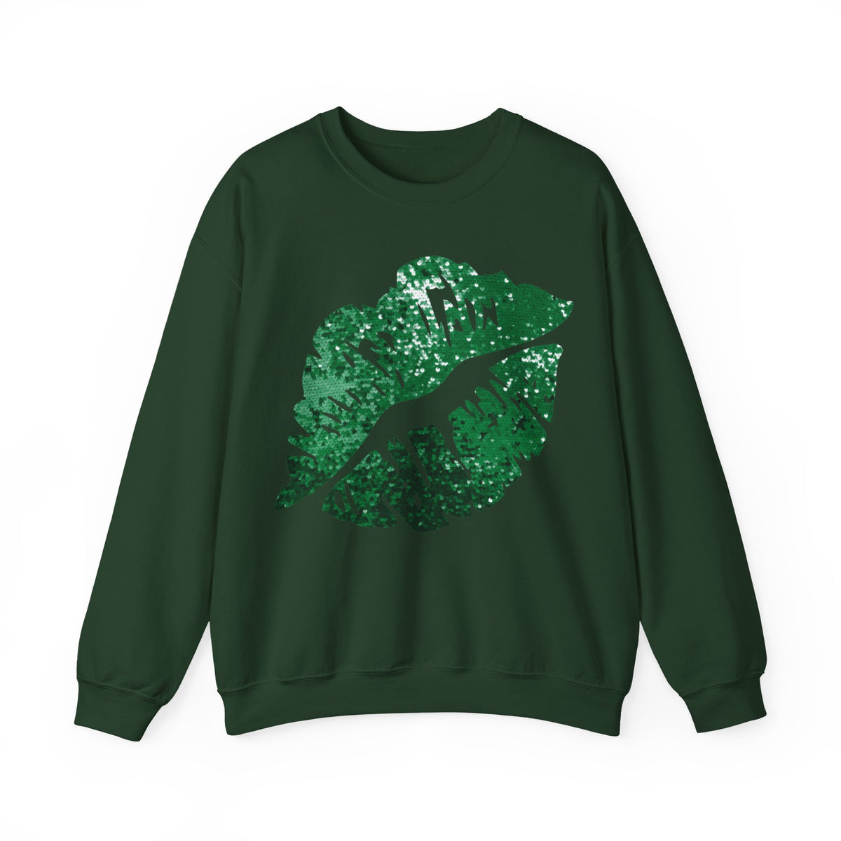 Green Faux Glitter Kiss – Gildan Heavy Blend | Trendy Women’s Soft Sweatshirt. Direct to Garment. Printed & Shipped in the USA. Unisex Sizes.