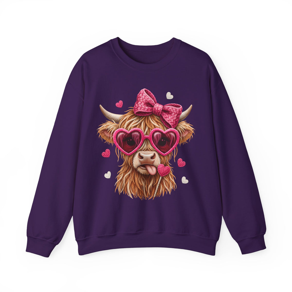 Highland Cow - Pink Heart Shaped Glasses – Gildan Heavy Blend | Trendy Women’s Soft Sweatshirt. Direct to Garment. Printed & Shipped in the USA. Unisex Sizes.