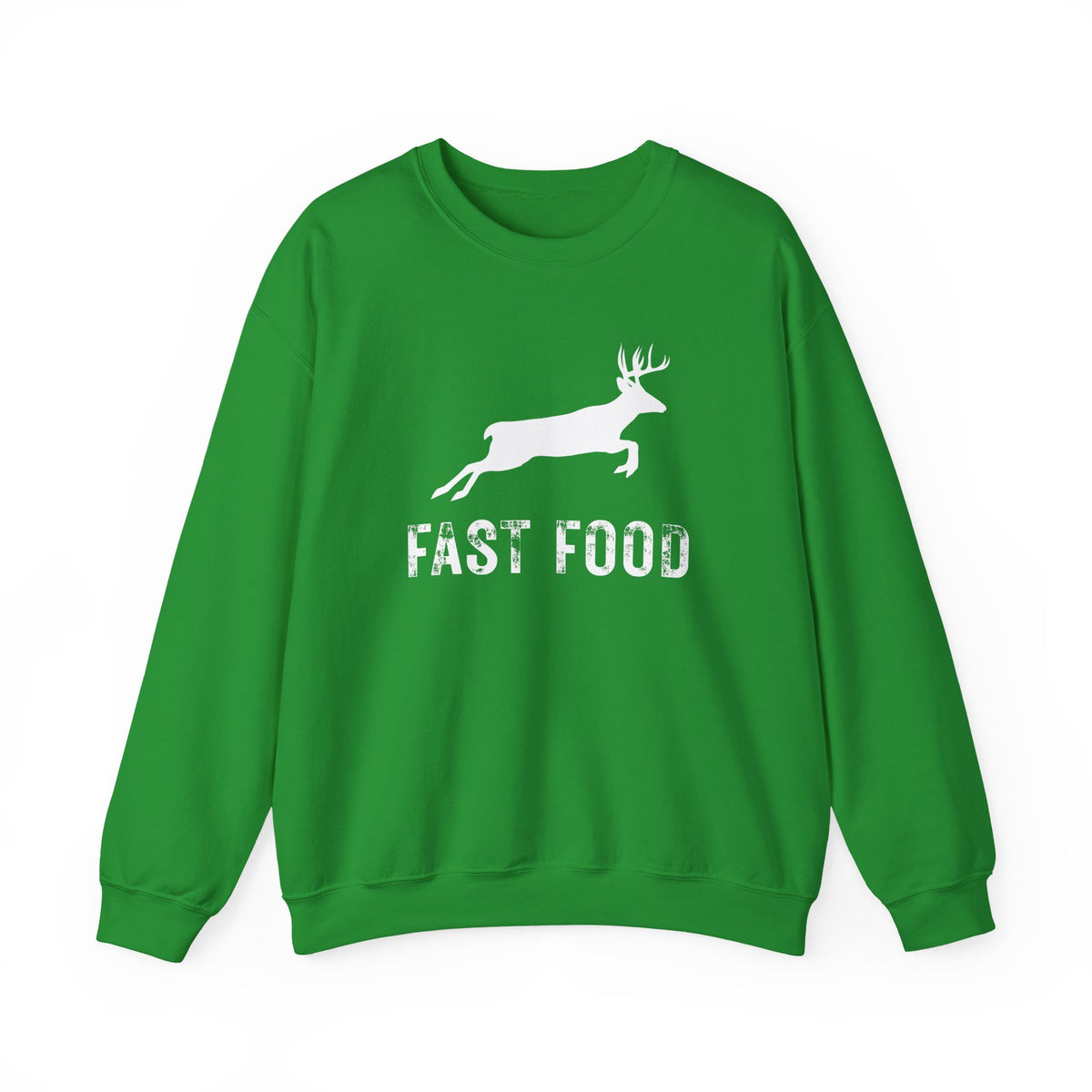 Fast Food Deer Hunting Humor Distressed – Gildan Heavy Blend | Trendy Men's and Women’s Soft Sweatshirt. Direct to Garment. Printed & Shipped in the USA. Unisex Sizes.
