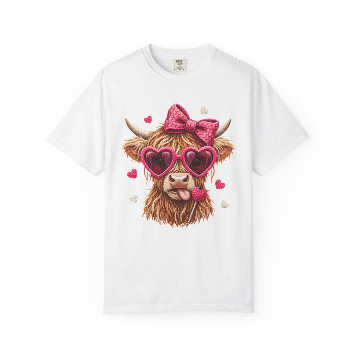 Highland Cow - Pink Heart Shaped Glasses - Comfort Colors | Trendy Women's T-Shirt. Direct to Garment. Printed & Shipped in the USA. Unisex Sizes.