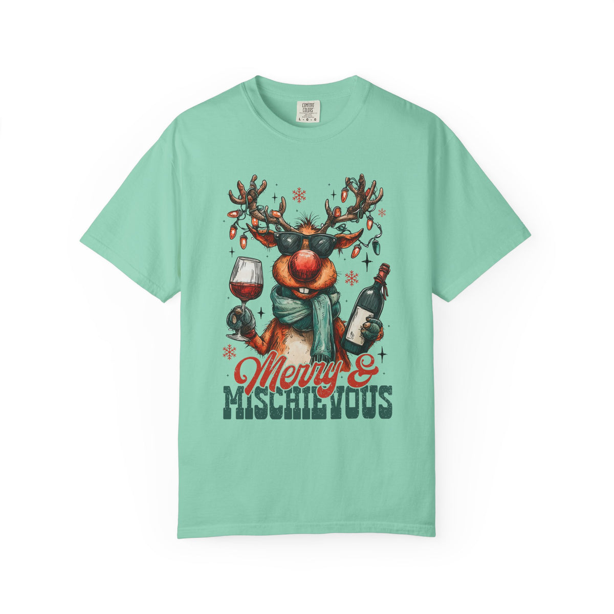 Merry & Mischievous Reindeer - Comfort Colors | Trendy Women's and Men's T-Shirt. Direct to Garment. Printed & Shipped in the USA. Unisex Sizes.