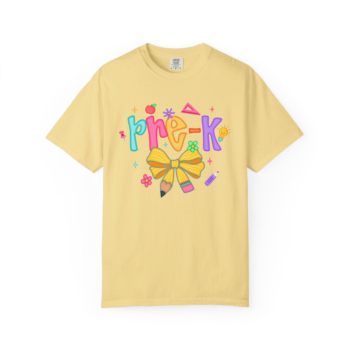 Coquette Pre-K Pencil Bow - Comfort Colors | Trendy Women's T-Shirt. Direct to Garment. Printed & Shipped in the USA. Unisex Sizes.