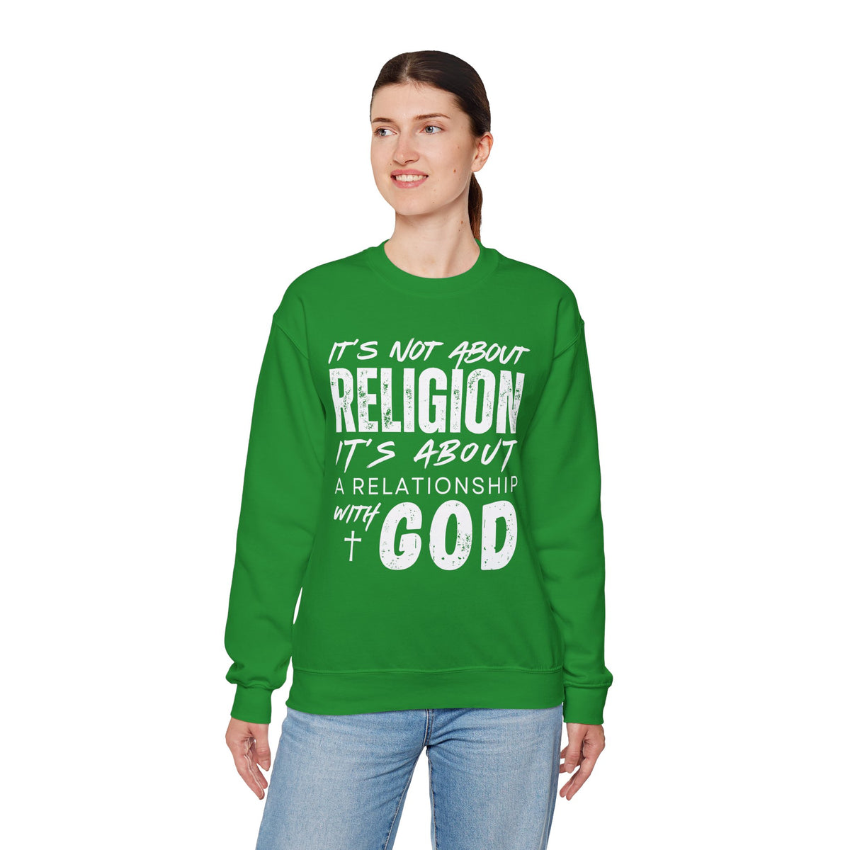 It's Not About Religion, It's About a Relationship with God – Gildan Heavy Blend | Trendy Men's and Women’s Soft Sweatshirt. Direct to Garment. Printed & Shipped in the USA. Unisex Sizes.