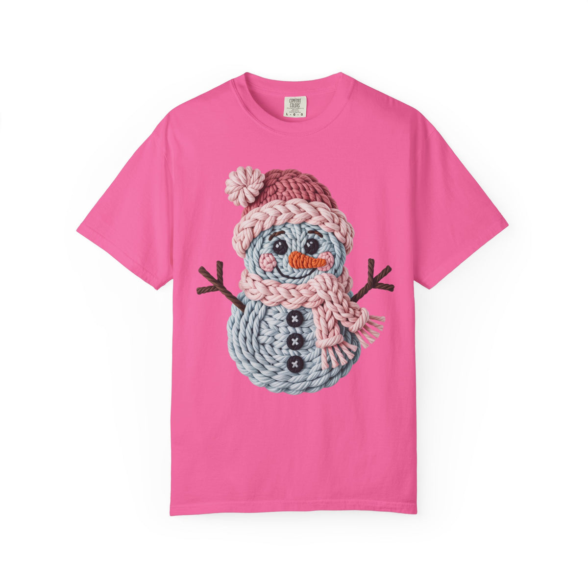 Cute Yarn Snowman - Pink Scarf - Comfort Colors | Trendy Women's T-Shirt. Direct to Garment. Printed & Shipped in the USA. Unisex Sizes.