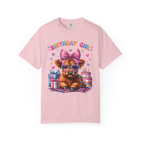 Birthday Girl, Highland Cow - Comfort Colors | Trendy Women's T-Shirt. Direct to Garment. Printed & Shipped in the USA. Unisex Sizes.
