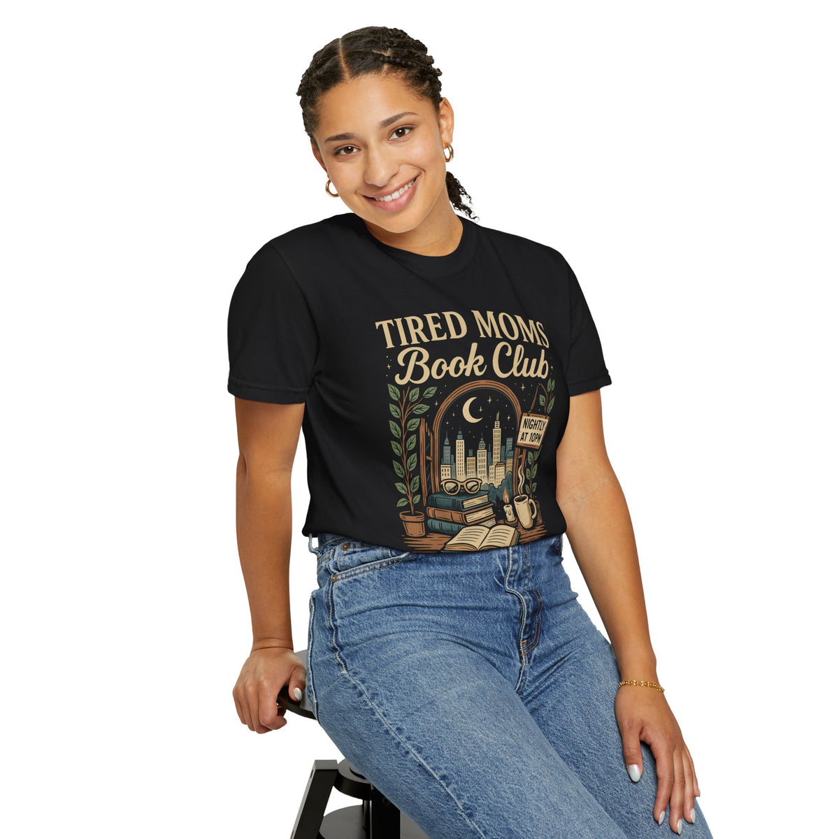 Tired Moms Book Club Running on Coffee and Chapters - Comfort Colors | Trendy Women's T-Shirt. Direct to Garment. Printed & Shipped in the USA. Unisex Sizes.