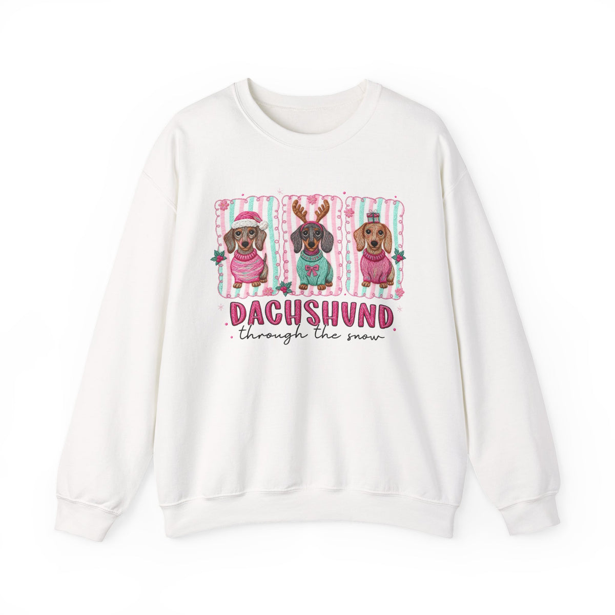 Dachshund Through the Snow – Gildan Heavy Blend | Trendy Women’s Soft Sweatshirt. Direct to Garment. Printed & Shipped in the USA. Unisex Sizes.