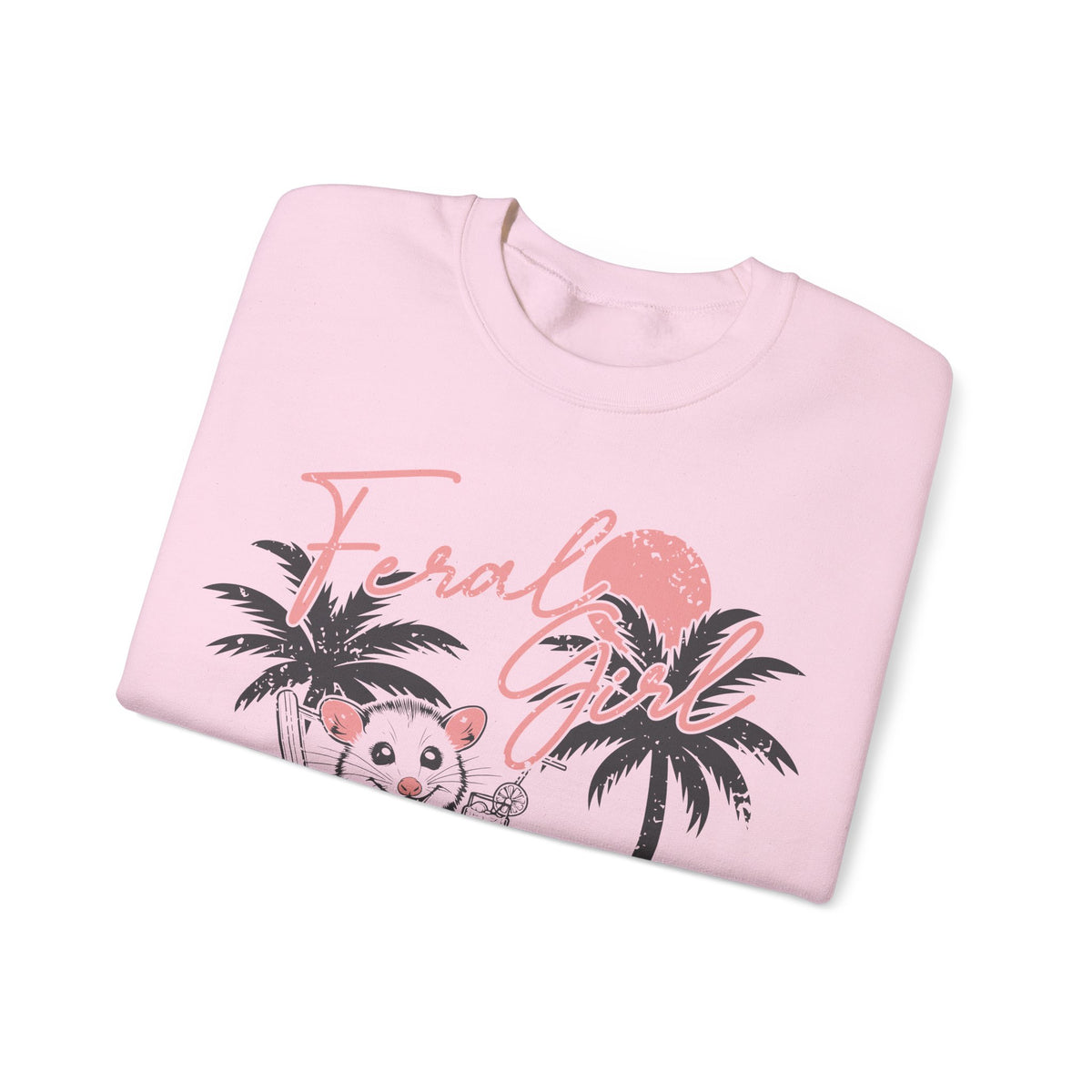 Feral Girl Summer, Possum on a Beach – Gildan Heavy Blend | Trendy Women’s Soft Sweatshirt. Direct to Garment. Printed & Shipped in the USA. Unisex Sizes.