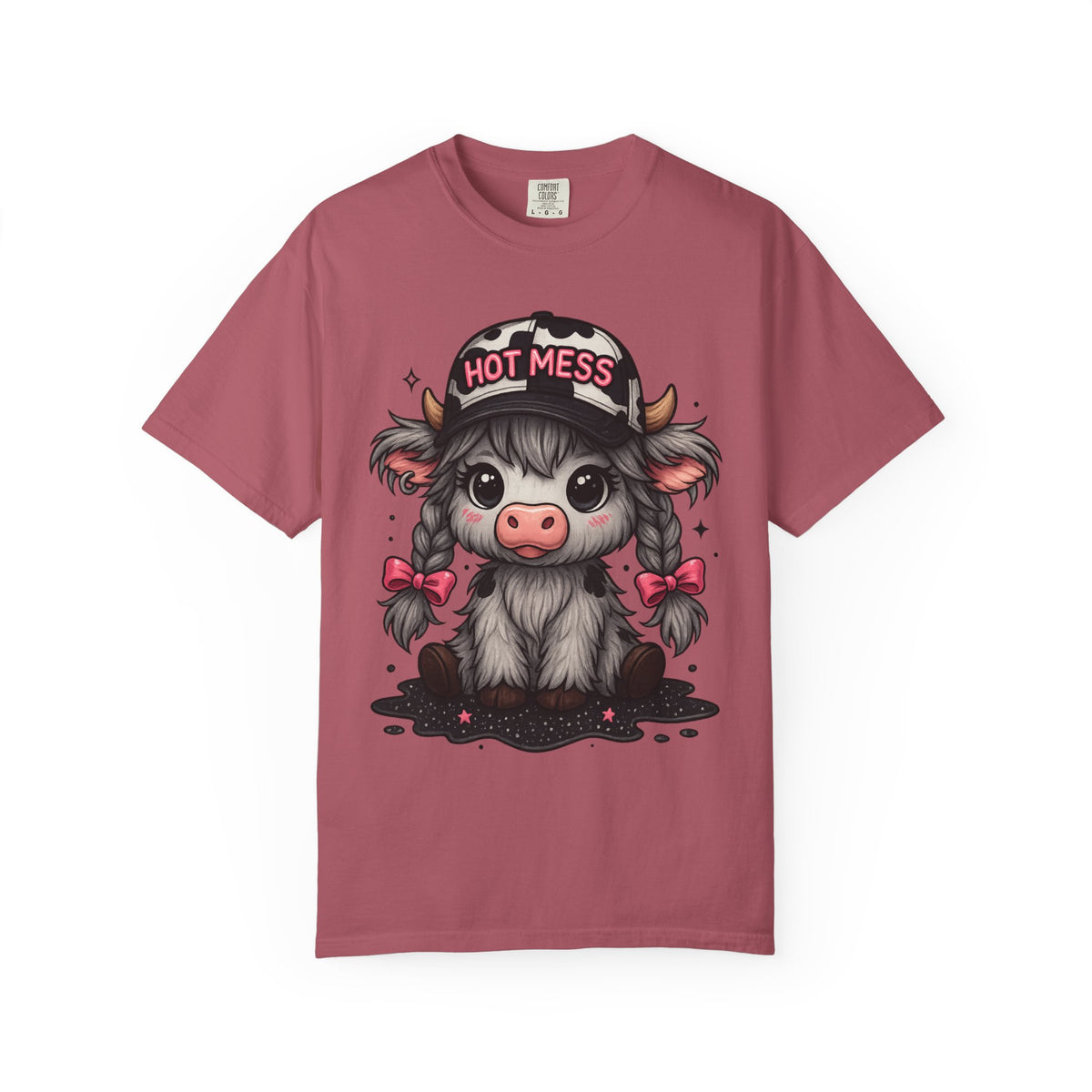 Cute Highland Cow 'Hot Mess' In Braids  - Comfort Colors | Trendy Women's T-Shirt. Direct to Garment. Printed & Shipped in the USA. Unisex Sizes.