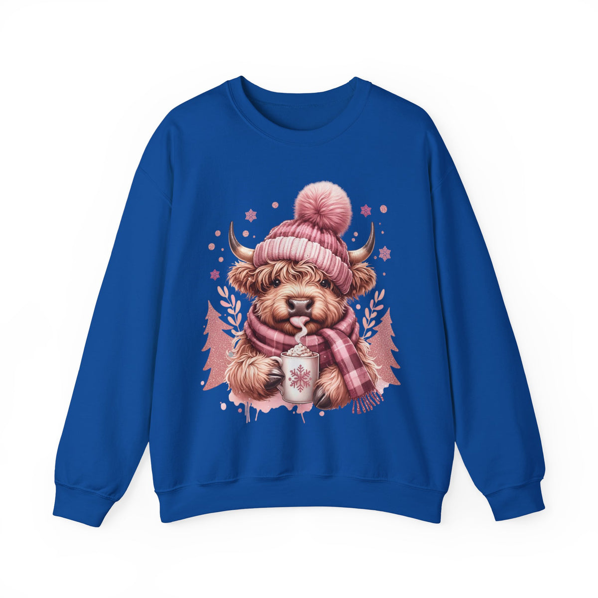 Cozy Highland Cow, Winter Coffee Mug & Scarf Pink – Gildan Heavy Blend | Trendy Women’s Soft Sweatshirt. Direct to Garment. Printed & Shipped in the USA. Unisex Sizes.