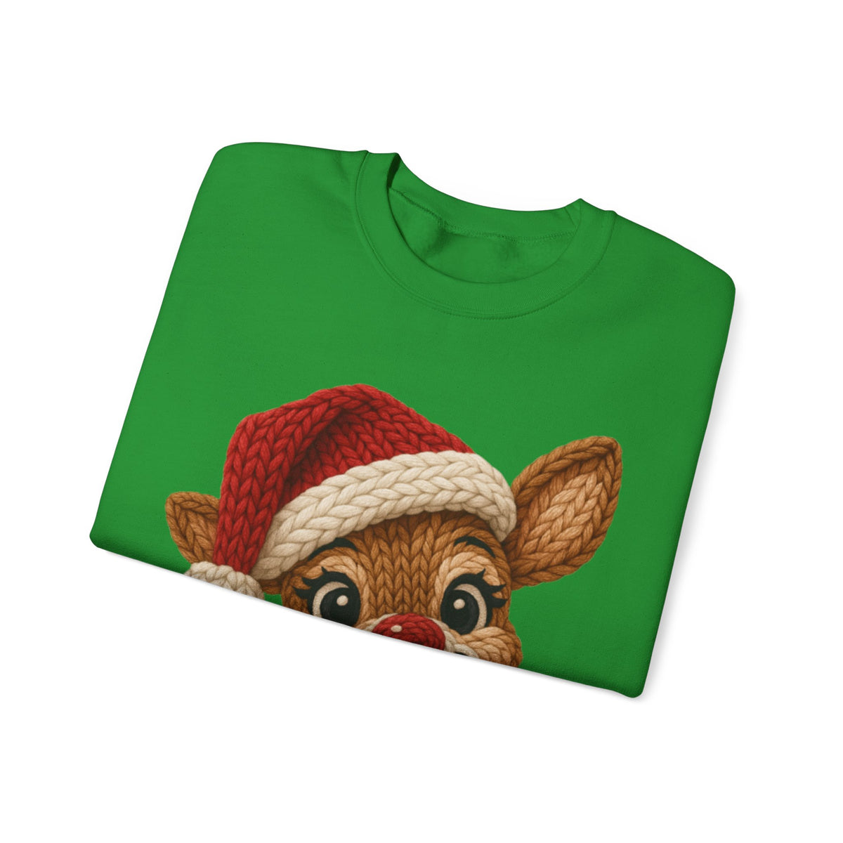 Cute Rudolph Faux Knit Look Reindeer w/Santa Hat – Gildan Heavy Blend | Trendy Women’s Soft Sweatshirt. Direct to Garment. Printed & Shipped in the USA. Unisex Sizes.