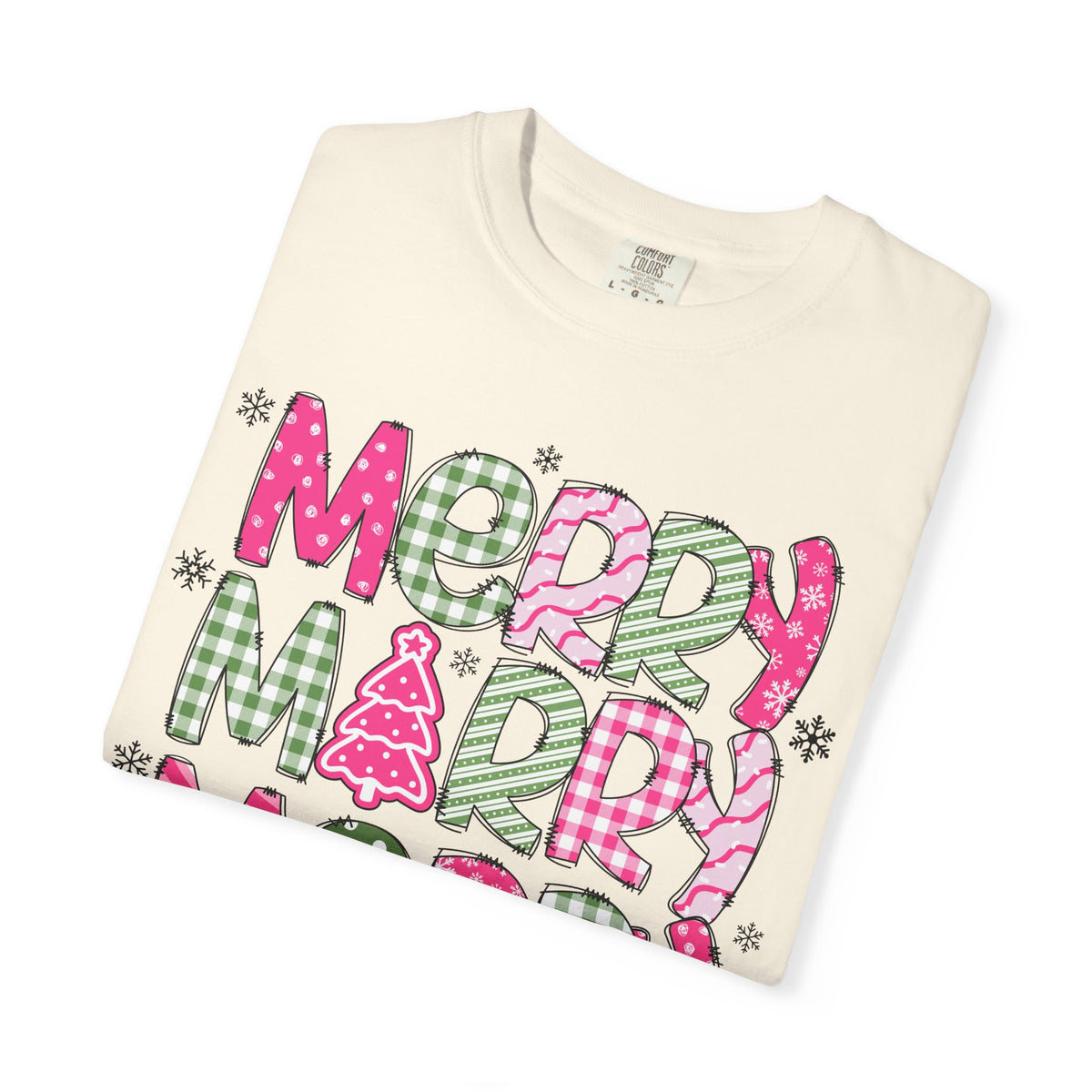 Merry Merry Merry Christmas, Festive Candy Cane & Pink and Green Plaid - Comfort Colors | Trendy Women's T-Shirt. Direct to Garment. Printed & Shipped in the USA. Unisex Sizes.